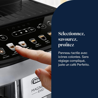 Magnifica Evo - Perfetto Machine à Café Automatique avec LatteCrema Mousseur à Lait Automatique, 7 Boissons en une Seule Touche, Commandes Soft Touch, Argent et Noir (ECAM292.81.SB)