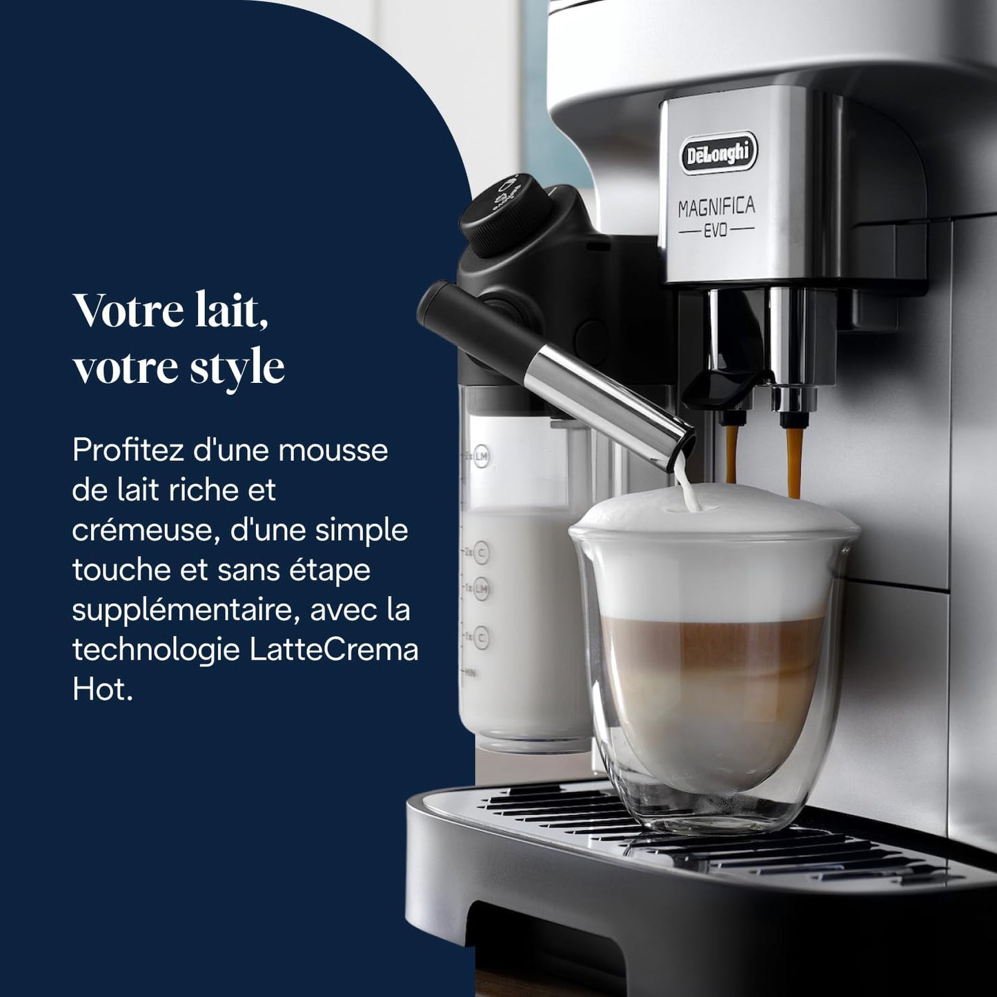 Magnifica Evo - Perfetto Machine à Café Automatique avec LatteCrema Mousseur à Lait Automatique, 7 Boissons en une Seule Touche, Commandes Soft Touch, Argent et Noir (ECAM292.81.SB)