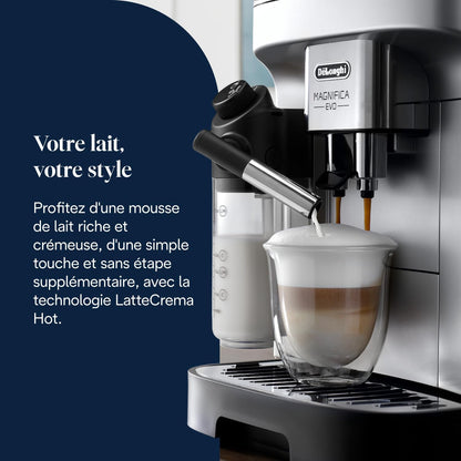 Magnifica Evo - Perfetto Machine à Café Automatique avec LatteCrema Mousseur à Lait Automatique, 7 Boissons en une Seule Touche, Commandes Soft Touch, Argent et Noir (ECAM292.81.SB)