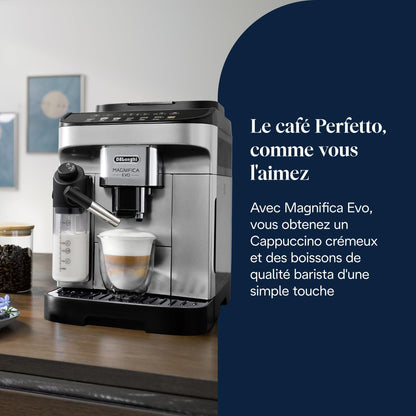 Magnifica Evo - Perfetto Machine à Café Automatique avec LatteCrema Mousseur à Lait Automatique, 7 Boissons en une Seule Touche, Commandes Soft Touch, Argent et Noir (ECAM292.81.SB)